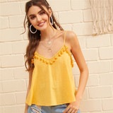 Boho Yellow Tassel Trim Cami Summer Top