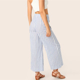 Wide Waist Button Detail Striped Palazzo Pants