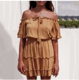 Sexy Off Shoulder Flare Sleeve Backless Mini Yellow Beach A Line Dress