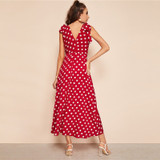 Tie Shoulder Plunging Neck Polka Dot Maxi Dress
