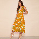 Tie Shoulder Plunging Neck Polka Dot Maxi Dress