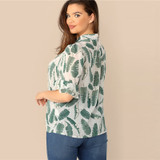 Plus Size Multicolor Tie Neck Ruffle Trim Tropical Print Top Blouse