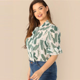 Plus Size Multicolor Tie Neck Ruffle Trim Tropical Print Top Blouse