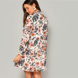Bohemian Frilled Neck and Cuff Floral Print Smock Flared Dress