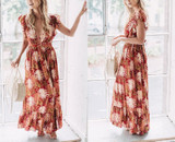 Sexy v neck ruffle print summer Boho dress