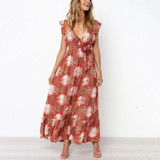 Sexy v neck ruffle print summer Boho dress