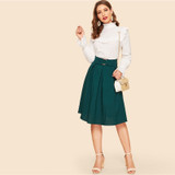 Buckle Belted Pleated Skirt Vintage High Waist Flared Skirt