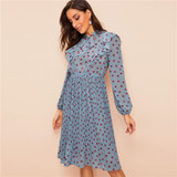 Tie Neck Ruffle Trim Polka Dot Pleated Midi Dress