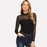 Solid Mock Neck Mesh Sheer Skinny Basic Bodysuit