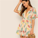 Tropical Plunge Neck Tied Open Back Dress