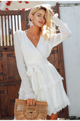 Elegant pleated chiffon  Long sleeve v neck ruffles white dress