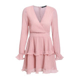 Elegant pleated chiffon  Long sleeve v neck ruffles white dress