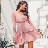 Elegant pleated chiffon  Long sleeve v neck ruffles white dress