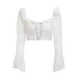 Vintage white sexy backless square collar criss ruffles crop top