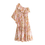 One Shoulder Ruffle Sleeve Boho Chic Dress
