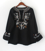 Boho Floral Embroidered Khaki Tassel Drawstring Blouses