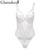 Glamaker Lace transparent mesh black bodysuit Women bodycon hollow out sexy bodysuit Summer elegant bodysuit one-piece overalls