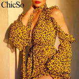Missychilli Leopard print chiffon women playsuit Cold shoulder V neck ruffle sexy romper Party bandage summer jumpsuit overalls