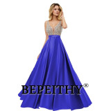 BEPEITHY V-Neck Beads Bodice Open Back A Line Long Evening Dress Party Elegant Vestido De Festa Fast Shipping Prom Gowns