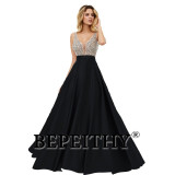 BEPEITHY V-Neck Beads Bodice Open Back A Line Long Evening Dress Party Elegant Vestido De Festa Fast Shipping Prom Gowns