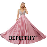 BEPEITHY V-Neck Beads Bodice Open Back A Line Long Evening Dress Party Elegant Vestido De Festa Fast Shipping Prom Gowns