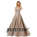 BEPEITHY V-Neck Beads Bodice Open Back A Line Long Evening Dress Party Elegant Vestido De Festa Fast Shipping Prom Gowns