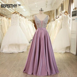 BEPEITHY V-Neck Beads Bodice Open Back A Line Long Evening Dress Party Elegant Vestido De Festa Fast Shipping Prom Gowns