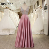 BEPEITHY V-Neck Beads Bodice Open Back A Line Long Evening Dress Party Elegant Vestido De Festa Fast Shipping Prom Gowns