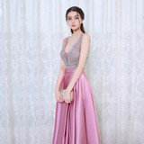 BEPEITHY V-Neck Beads Bodice Open Back A Line Long Evening Dress Party Elegant Vestido De Festa Fast Shipping Prom Gowns