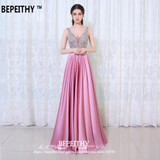 BEPEITHY V-Neck Beads Bodice Open Back A Line Long Evening Dress Party Elegant Vestido De Festa Fast Shipping Prom Gowns