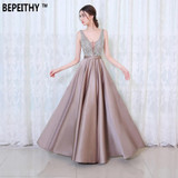 BEPEITHY V-Neck Beads Bodice Open Back A Line Long Evening Dress Party Elegant Vestido De Festa Fast Shipping Prom Gowns