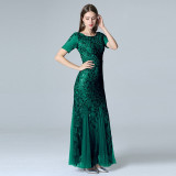Plus Size Evening Dresses Mermaid O Neck Short Sleeve Lace Appliques Tulle Long Party Gown Robe Soiree Sexy Formal Dress vestido