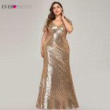 Plus Size Gold Sequined Evening Dresses Ever Pretty Mermaid V-Neck Elegant Women Formal Party Long Dresses Abendkleider 2020