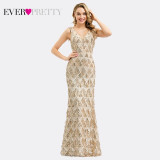Plus Size Gold Sequined Evening Dresses Ever Pretty Mermaid V-Neck Elegant Women Formal Party Long Dresses Abendkleider 2020
