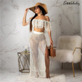 Women Beach Cover Up Mesh Sheer Bikini Cover Up Swimwear Ruffle Flare Pants High Waist Trousers See Through Tassel Beach Wear