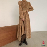 Vintage Stand Collar Ruched Sleeve A-line Dress Women Floral Print Elastic Waist Female Dress