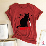 Black Cat What Tshirt Murderous Cat Knife Women Funny T Shirt Short Sleeve Halloween Tops Tees