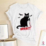 Black Cat What Tshirt Murderous Cat Knife Women Funny T Shirt Short Sleeve Halloween Tops Tees