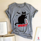 Black Cat What Tshirt Murderous Cat Knife Women Funny T Shirt Short Sleeve Halloween Tops Tees