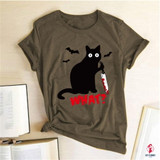 Black Cat What Tshirt Murderous Cat Knife Women Funny T Shirt Short Sleeve Halloween Tops Tees