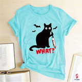 Black Cat What Tshirt Murderous Cat Knife Women Funny T Shirt Short Sleeve Halloween Tops Tees