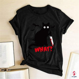 Black Cat What Tshirt Murderous Cat Knife Women Funny T Shirt Short Sleeve Halloween Tops Tees