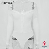 Off Shoulder Strapless Skinny Women Bodysuits V-Neck Long Sleeve Button Sexy Romper