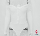 Off Shoulder Strapless Skinny Women Bodysuits V-Neck Long Sleeve Button Sexy Romper