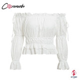 Vintage White Embroidery Women Crop Tops and Blouse NEW Off Shoulder Slash Neck Blouse Girl Lantern Sleeve Shirt