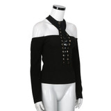 Women's Vintage Style Lace-Up Cold Shoulder Halter Top Women's Vintage Style Lace-Up Cold Shoulder Halter Top