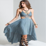 Women's V-Neck Boho Spaghetti Strap Maxi Dress w/ Lace Design