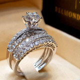 2Pcs/set Luxury Crystal Zircon Wedding Rings For Women Charm Silver Color Shiny Engagement Rings Set  Jewelry Accessories Gifts