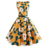 Yellow Sleeveless Scoop Neck 50s Dress with Clover Print