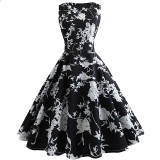Vines and Flower Print Black Sleeveless Scoop Neck 50s Dress